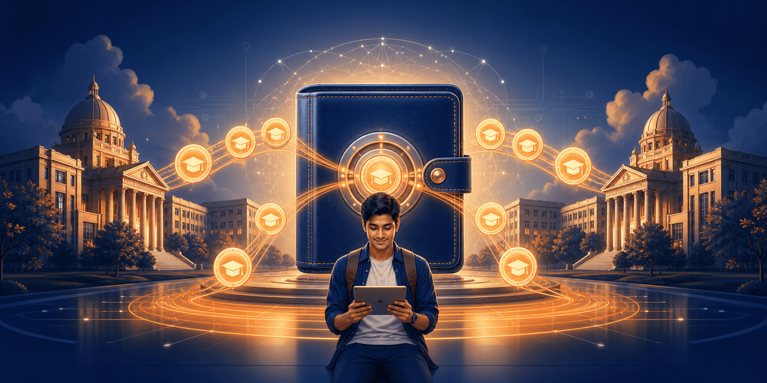 A digital credit wallet with tokens flowing between college buildings
