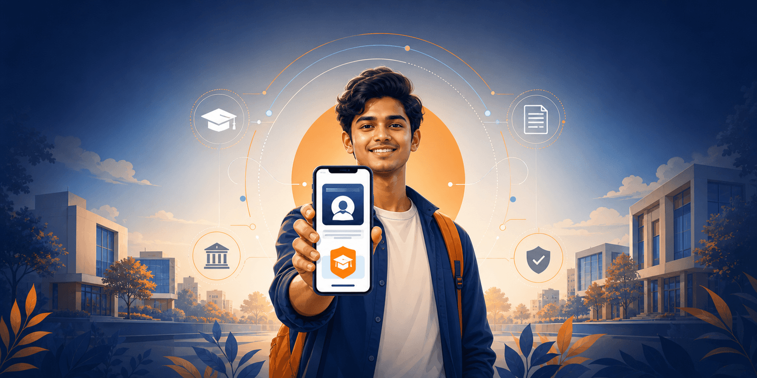 A student holding a smartphone showing a digital academic ID card
