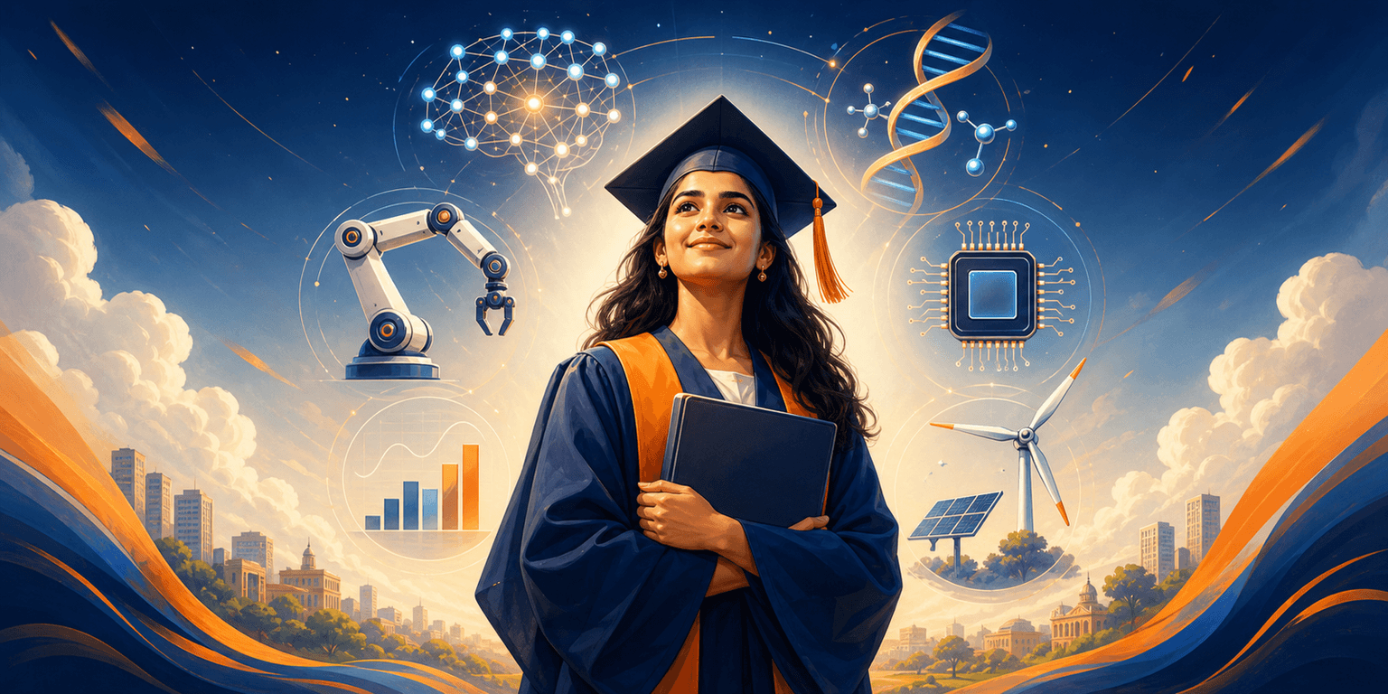 A montage of future tech careers: AI, robotics, microchips, wind turbines and DNA