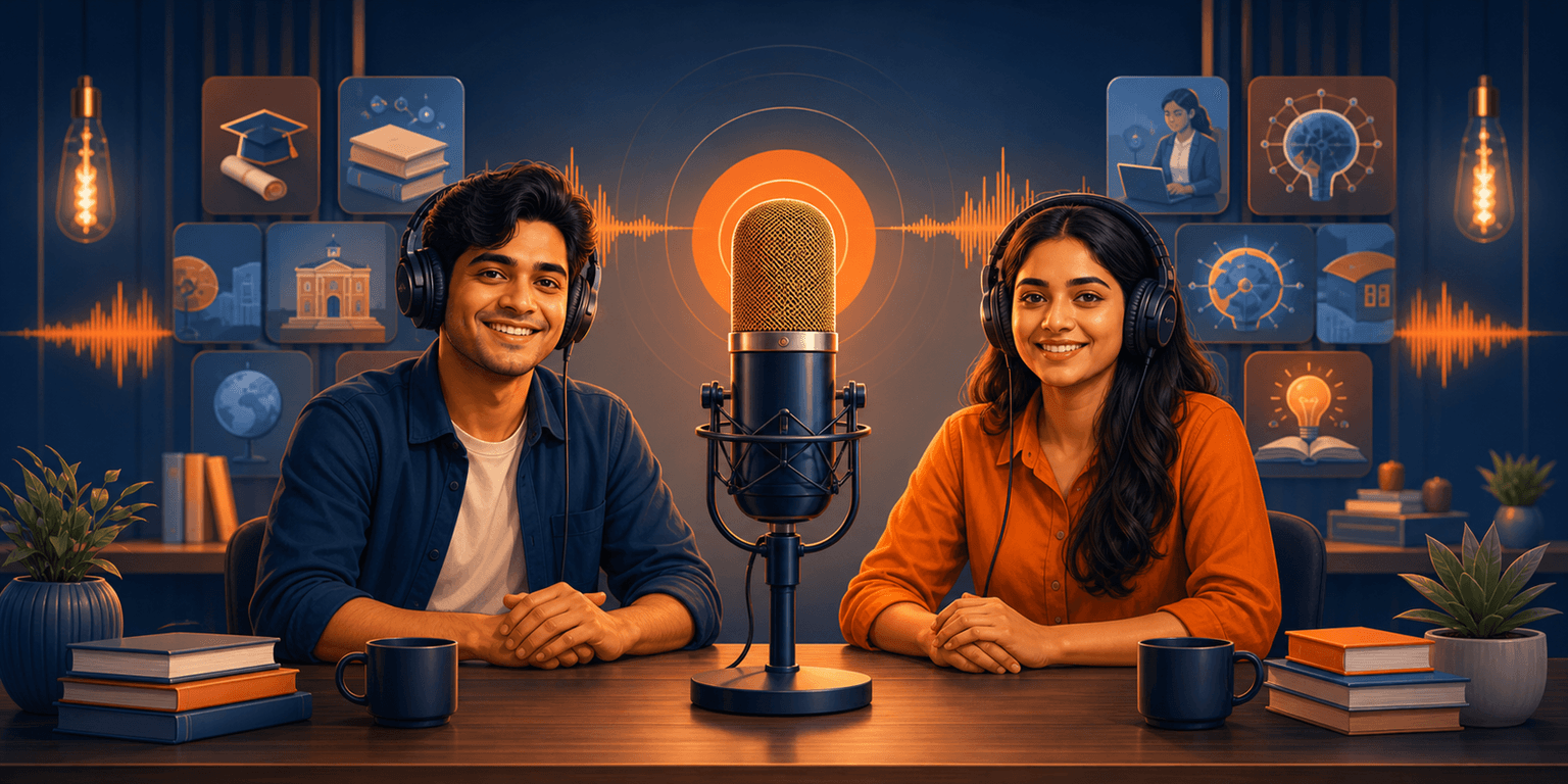 A studio microphone with soft audio waveforms and podcast cover tiles