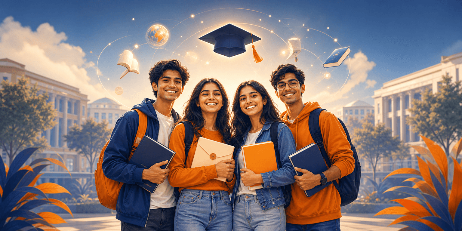 Happy Indian students celebrating with floating coins and a graduation cap