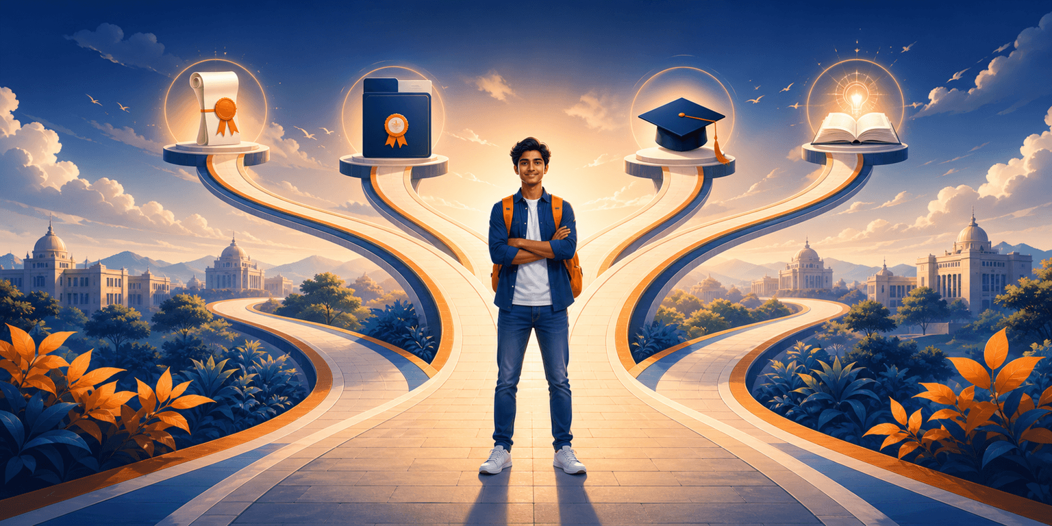 A student at a branching pathway with Certificate, Diploma, Degree and Honours signposts