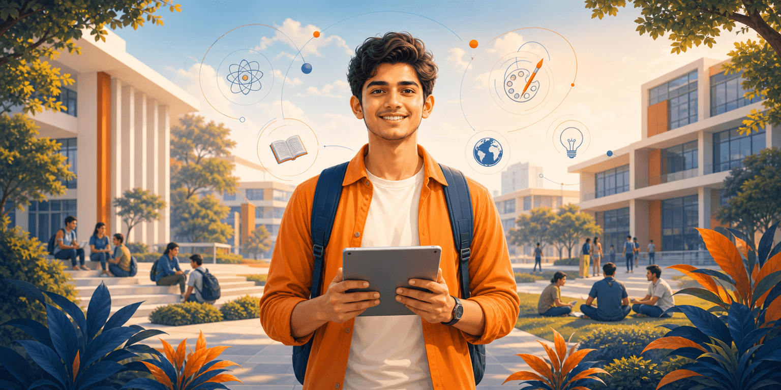 An Indian college student holding a tablet on a modern campus